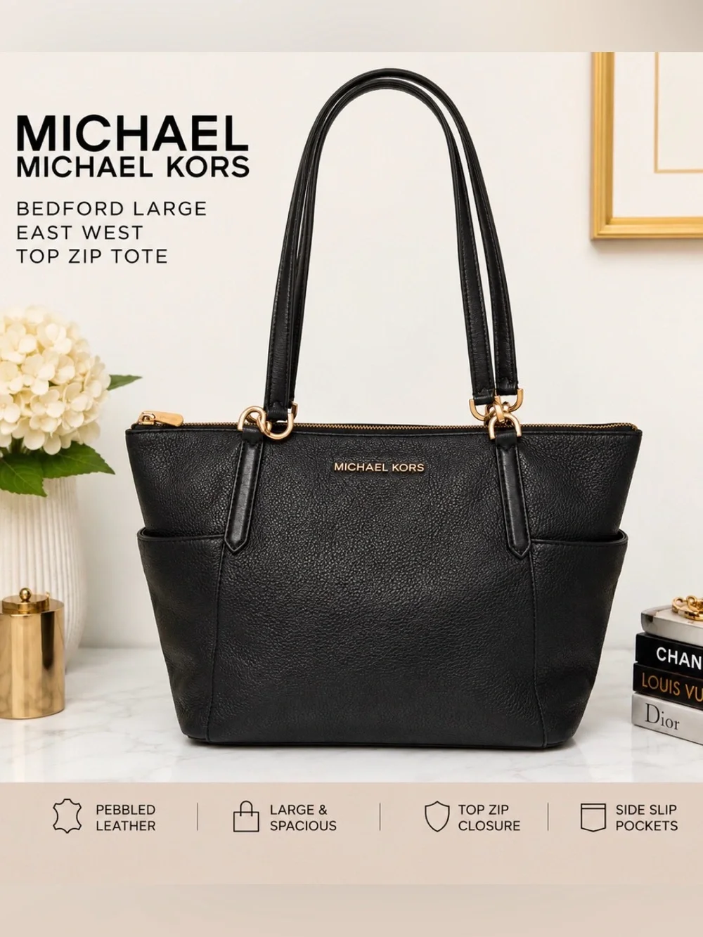 Michael Kors Bedford Large Black Pebbled Leather Tote Shoulder Bag